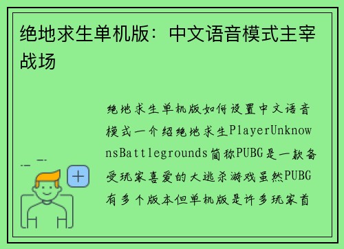 绝地求生单机版：中文语音模式主宰战场