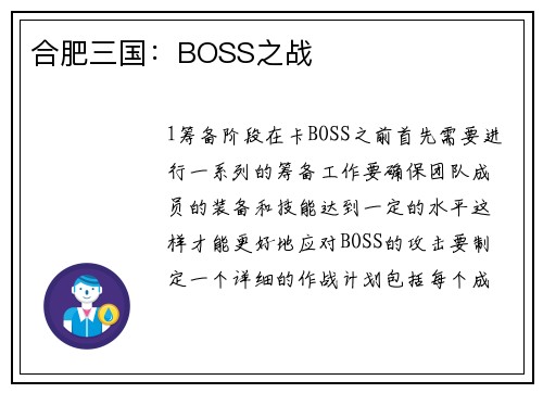 合肥三国：BOSS之战