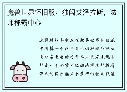 魔兽世界怀旧服：独闯艾泽拉斯，法师称霸中心
